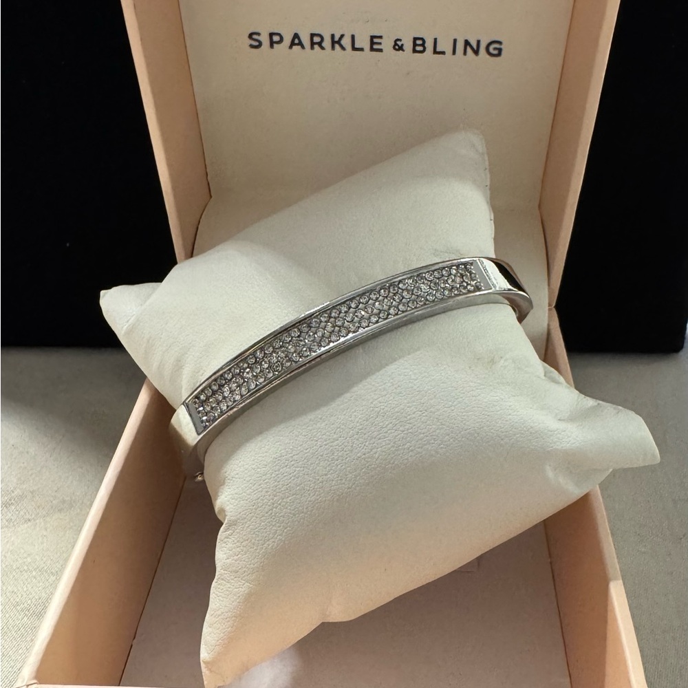 Silver Sparkle & Bling Silver Oval Hinged Bracelet w/ Crystals across the top.